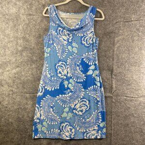 Title Nine Dress Small Blue Floral Printed Cowl Neck Performance Mini